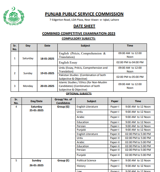 PPSC announced CCE-2023 Date sheet