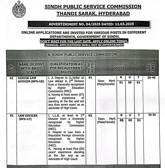 Sindh Public Service Commission(SPSC) Law Officer Jobs 2025